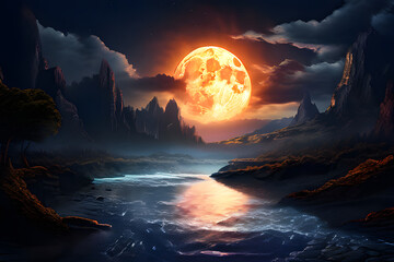 Poster - Unfurl a digital masterpiece portraying a fantastical world bathed in moonlight. A majestic river, its waters shimmering with an ethereal glow, carves its path through a breathtaking landscape. 