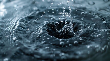 Poster - Close-up of water vortex with splashing droplets and dark, swirling patterns, showcasing fluid dynamics and natural water movement.