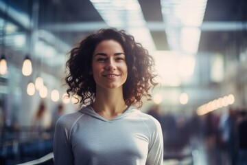 Wall Mural - Portrait of a satisfied woman in her 20s showing off a thermal merino wool top in front of dynamic fitness gym background