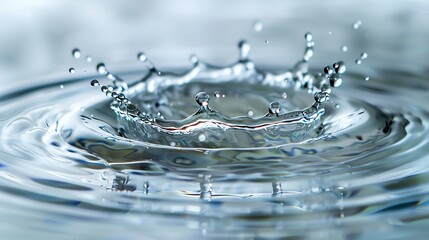 Poster - Close-up photo capturing the perfect moment of a water drop splash, creating ripples and a crown-like shape on the water surface.