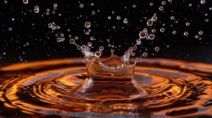 Poster - Close-up shot of a liquid splash, capturing dynamic water droplets and ripples against a dark background. Perfect for nature and motion themes.