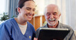 © WesSide/peopleimages.com - Laughing, nurse and senior man with tablet on couch for results, wellness and health in home. Happy, caregiver and technology in living room for retirement, internet and meme or online app for comedy