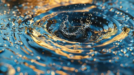 Poster - Close-up shot of a water droplet creating ripples on a reflective surface, with vibrant lights and sparkling effects.