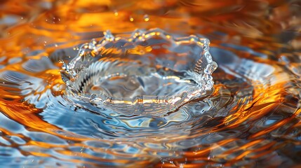 Poster - Close-up shot of a water droplet splashing into a pool, creating ripples with vibrant orange and blue reflections.