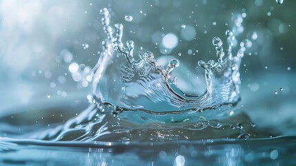 Poster - Close-up shot of a water splash, capturing the dynamic movement of droplets in a serene blue environment.