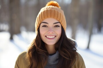 Sticker - Portrait of a grinning woman in her 20s dressed in a warm ski hat isolated in bright and cheerful park background