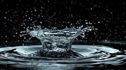 Poster - Close-up shot of a water splash captured in mid-air, against a dark background. Delicate ripples and droplets in motion create a stunning visual effect.
