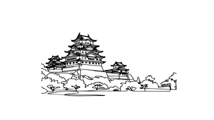 ancient japanese castle one line illustration