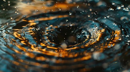 Poster - Close-up of water ripples with golden and dark tones, capturing the dynamic motion and reflections on the surface.