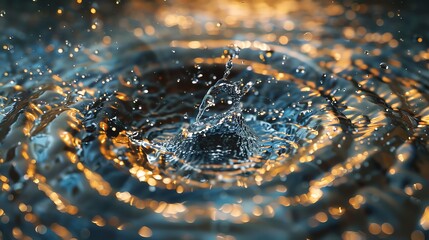 Poster - Close-up of water splash creating mesmerizing ripples with golden reflections, capturing the beauty of fluid motion and light interaction.