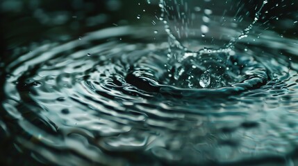 Poster - Close-up of water splash creating ripples in a dark, greenish liquid surface, capturing the dynamic movement and fluid texture.