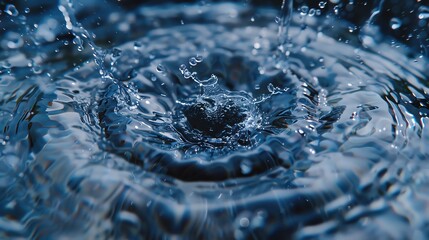 Poster - Close-up shot of water ripples and splashes creating beautiful patterns on a blue surface, ideal for nature and abstract themed uses.