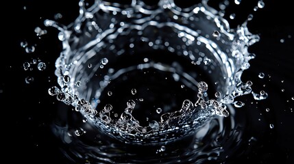 Poster - Close-up shot of water splash on black background, capturing the dynamic motion and elegance of liquid in mid-air freeze.