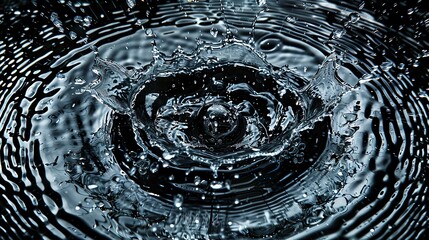 Poster - Close-up shot of water splash creating intricate ripples in a dark, reflective surface.
