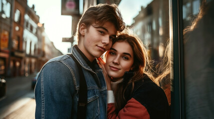 Wall Mural - Young couple embracing lovingly in a vibrant city street during golden hour