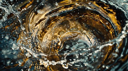 Poster - Dynamic close-up of a swirling water vortex with golden hues, capturing the power and fluidity of water in motion.