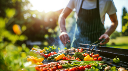 Poster - Person in an apron grilling assorted fresh vegetables on an outdoor barbecue