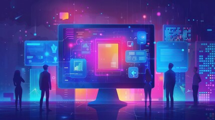 Interactive modules, individuals engaging with digital lessons, flat design illustration