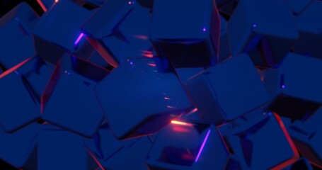 Poster - Abstract 3D Cubic Pattern with Blue and Pink Neon Highlights