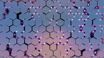 Poster - Abstract Hexagonal Pattern with Metallic Surface and Pink Glowing Highlights