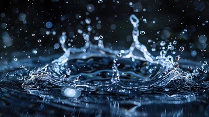 Poster - Dynamic splash of water captured in moment of impact, showcasing droplets and ripples in pristine detail against a dark background.