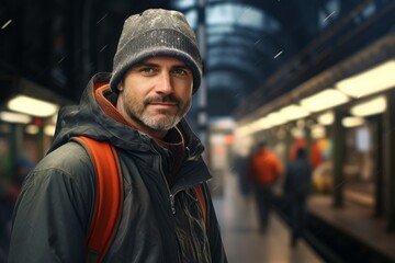 Wall Mural - Portrait of a blissful man in his 40s dressed in a warm ski hat over bustling city subway background