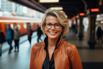 Wall Mural - Portrait of a happy woman in her 50s sporting a stylish leather blazer isolated in bustling city subway background