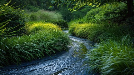 Wall Mural - Serene Creek Through Lush Green Foliage