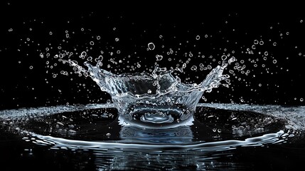 Poster - High-speed capture of a water splash in dark background, showcasing detailed water droplets and ripples.