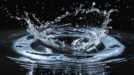 Poster - High-speed photo capturing a pristine water splash against a black background, showcasing the fluid dynamics and beauty of liquid motion.