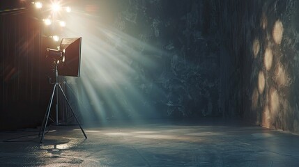 Wall Mural - studio with bokeh lights with light rays coming from left, dark dramatic lighting minimalist
