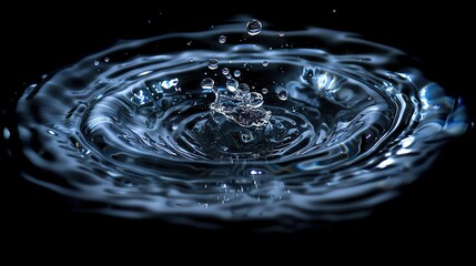 Poster - High-speed photograph capturing a droplet of water creating ripples on a dark background, symbolizing purity and tranquility.