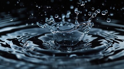 Poster - High-speed photograph capturing the mesmerizing splash of a water droplet hitting the surface, creating ripples and waves in liquid.