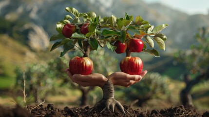 Wall Mural - Two apple trees hug each other with their hands ULTRA REALISM 8K CUTE HIGHLY DETAILED 