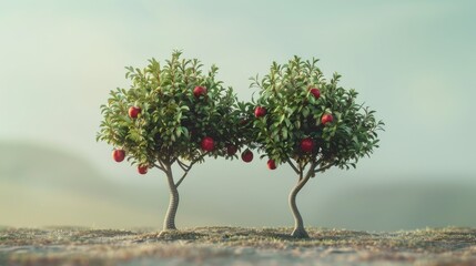 Two apple trees hug each other with their hands 