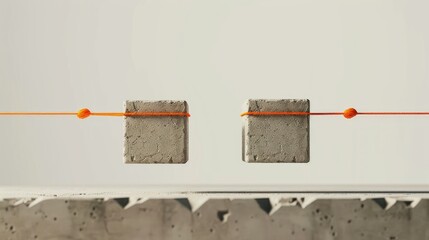 two bricks tied with a big orange thread floating in the air, 3d, high contrast minimalist