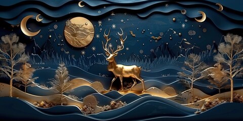 Wall Mural - Golden Deer in a Papercut Winter Wonderland