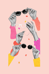 Creative poster collage of hands hold eyewear sunglass ad summer vacation shopping unusual fantasy billboard comics zine