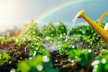 Wall Mural - The watering can is watering crops and rainbows