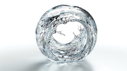Poster - Stunning high-speed photo of a transparent water splash frozen in a circular shape against a white background, showcasing fluid dynamics.