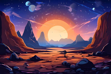 Sticker - A group of friendly, cartoon-style aliens explore a desolate planet. They navigate through a landscape of jagged rocks and deep crevices, with towering mountains in the distance. 