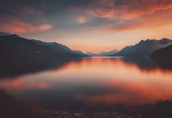 Poster - a mirror-bright view of the lake between the mountains, dramatic sunset colors 