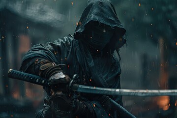 a person in a hooded outfit holding a sword