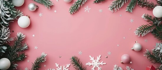Poster - Christmas frame with fir branches, white decorations, star, and balls on a pink table for a festive Xmas background, shown in a top-view flat lay composition with copy space image included.