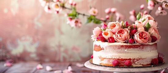 Poster - Cake adorned with beautiful roses, ideal for a celebration, with copy space image.