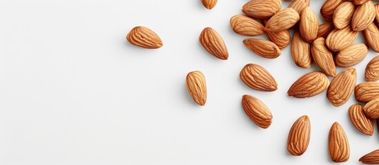 Poster - Almonds neatly peeled, displayed on white backdrop with copy space image.