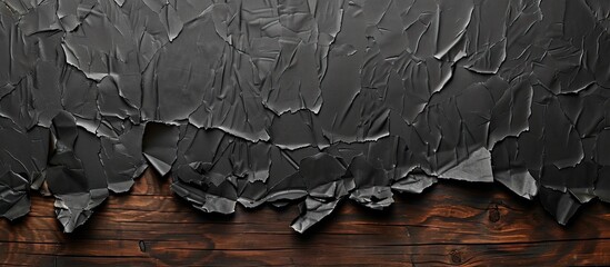 Fototapete - Copy space image of torn black paper pieces on a wooden backdrop.