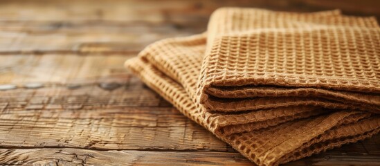 Aufkleber - Brown kitchen towels on a wooden table, focusing on the cotton waffle fabric texture. It serves as a textile background or wallpaper in a close-up shot, offering ample copy space.