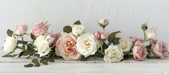 Poster - Eustoma and roses arranged on a white wooden backdrop with ample copy space image.