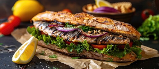 Poster - Close-up shot of a Turkish balik Ekmek sandwich filled with grilled mackerel, tomatoes, onions, and lettuce, garnished with lemon, on a table with copy space image.